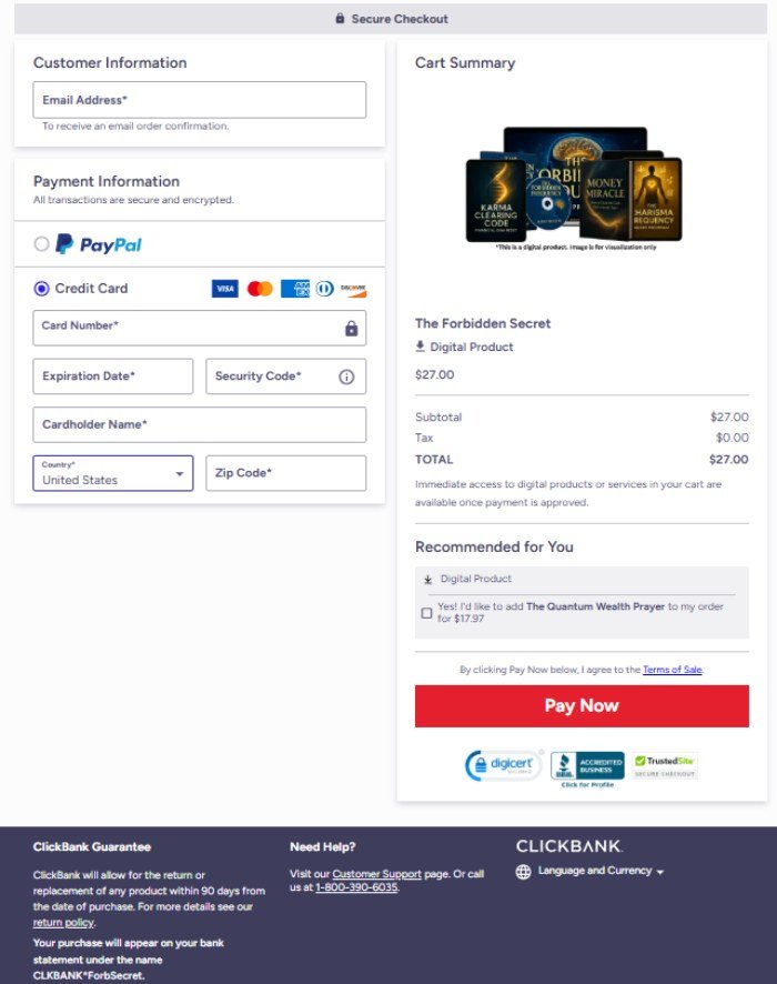 Secure checkout receipt for The Forbidden Secret purchase, fully protected